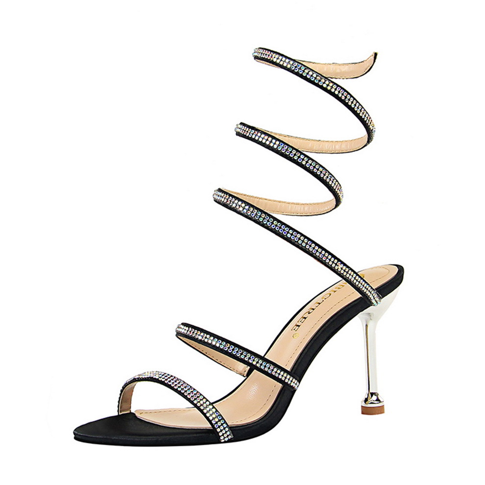 Sexy Nightclub Banquet Women's Shoes Stiletto High-heeled Snake-shaped Strap Rhinestone Ankle Strap Sandals_voghion.com