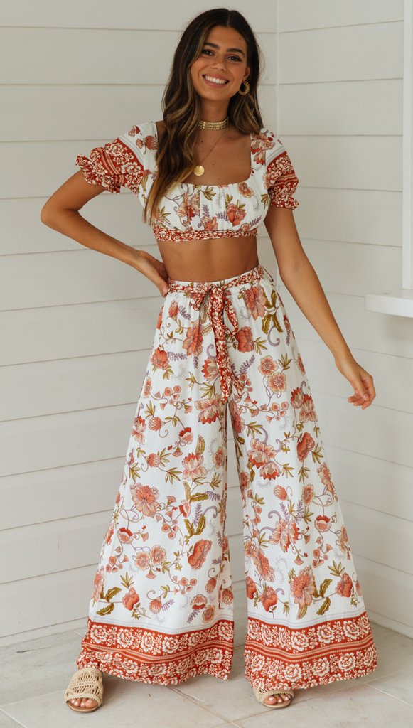 Printed Top Square Neck Tie Short Sleeve Ruffle Sleeve Pants Two-piece Set NSJKW119789
