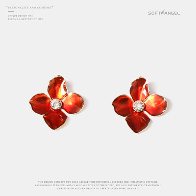 2021个性烈焰红色花朵耳钉 欧美流行宝石滴油耳钉耳环配饰女批发