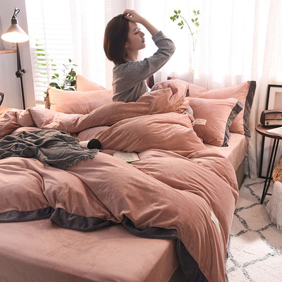 Northern Europe Autumn and winter Crystal Velvet Four piece suit moisture absorption keep warm thickening Flannel Fleece Supersoft winter Bedclothes
