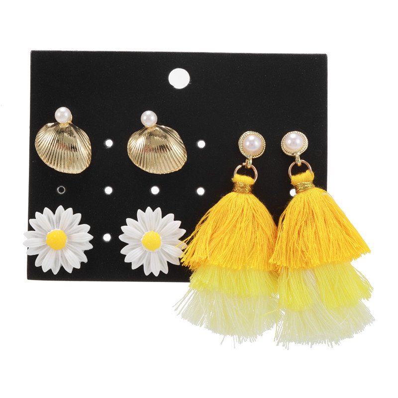 Wholesale Fashion Jewelry New Flower Yellow Tassel 3 Pair Earrings Set display picture 3