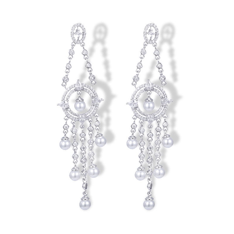 S925 Silver Needle Wang Hao With The Same Paragraph High-grade Slim Pearl Earrings Long Tassel Heavy Work Zircon Earrings Banquet Wild display picture 2