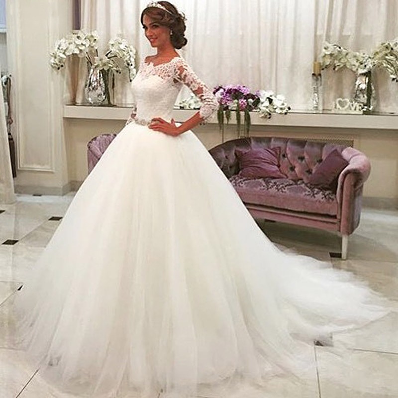 Foreign Trade European and American Wedding Dress Women's 2019 New Long Sleeve off-shoulder Large Size Fashion Retro Trailing Tutu Bridal Wedding Dress