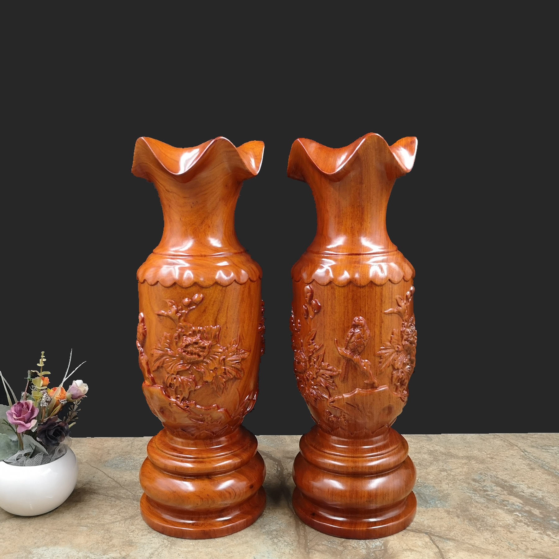 花梨木质花开富贵落地花瓶花器创意实木家居摆件复古大干花瓶ins 阿里巴巴