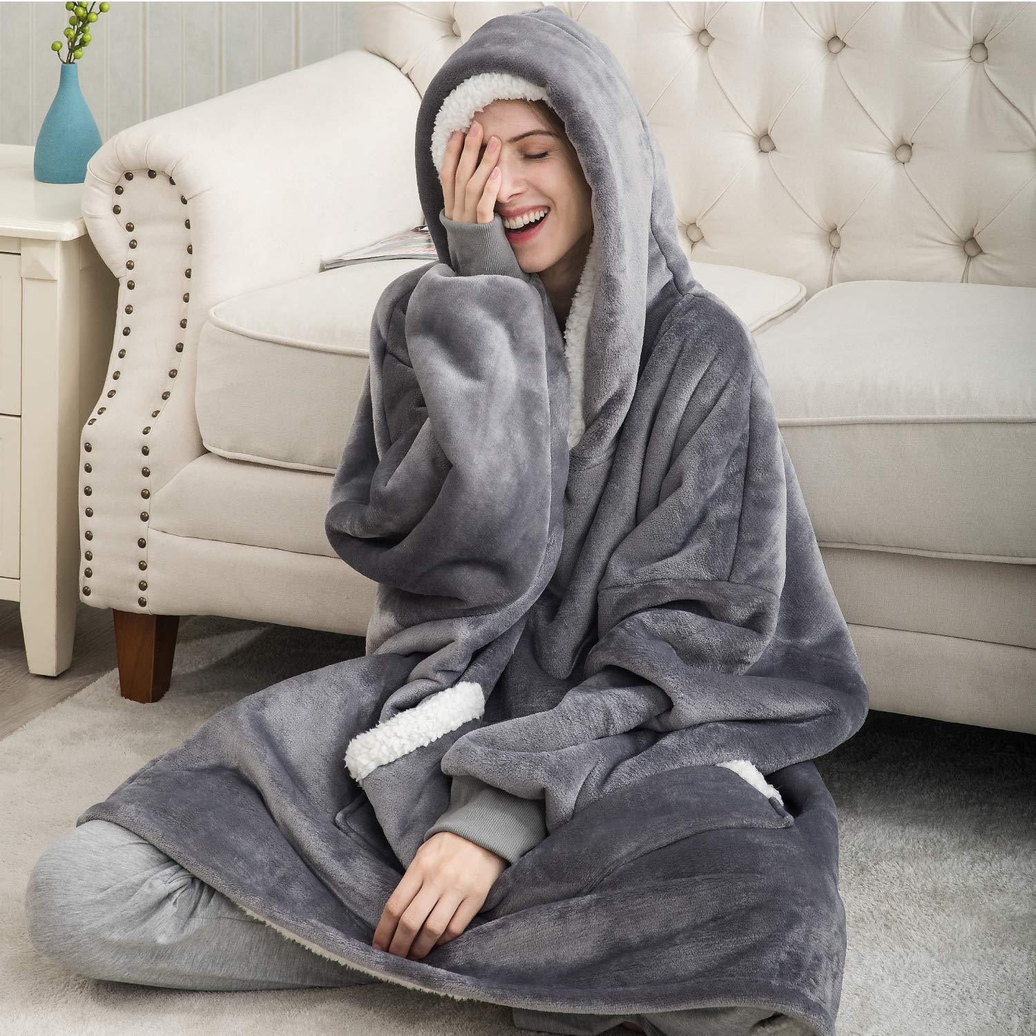 Oversized Hoodie Blanket With Sleeves Sweatshirt Plaid Winter Fleece Hoody Women Pocket Female Hooded Sweat Oversize Femme