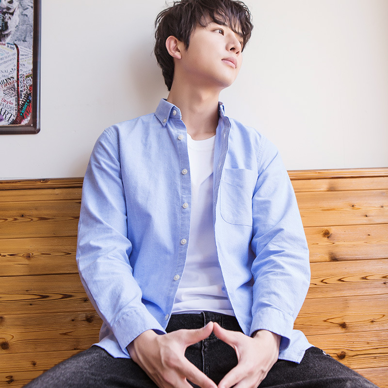 清仓男士牛津纺长袖纯色衬衫50棉青年纯色休闲潮韩版牛仔短袖衬衣|ms