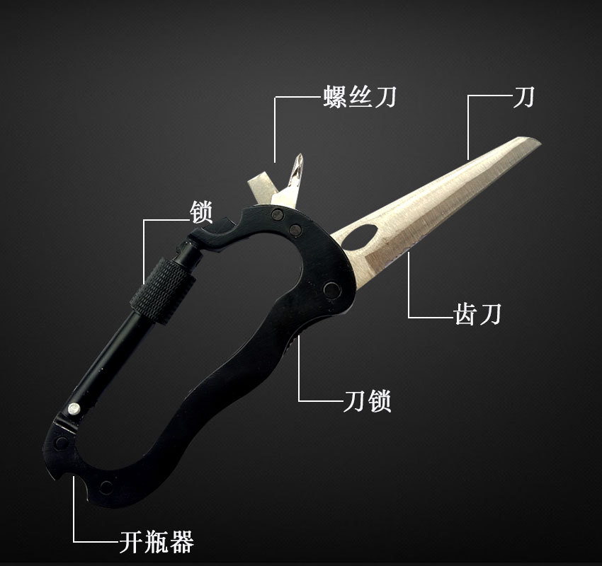 五合一多功能登山扣刀组合挂件便携D型钥匙扣折叠小刀EDC工具扣-阿里巴巴