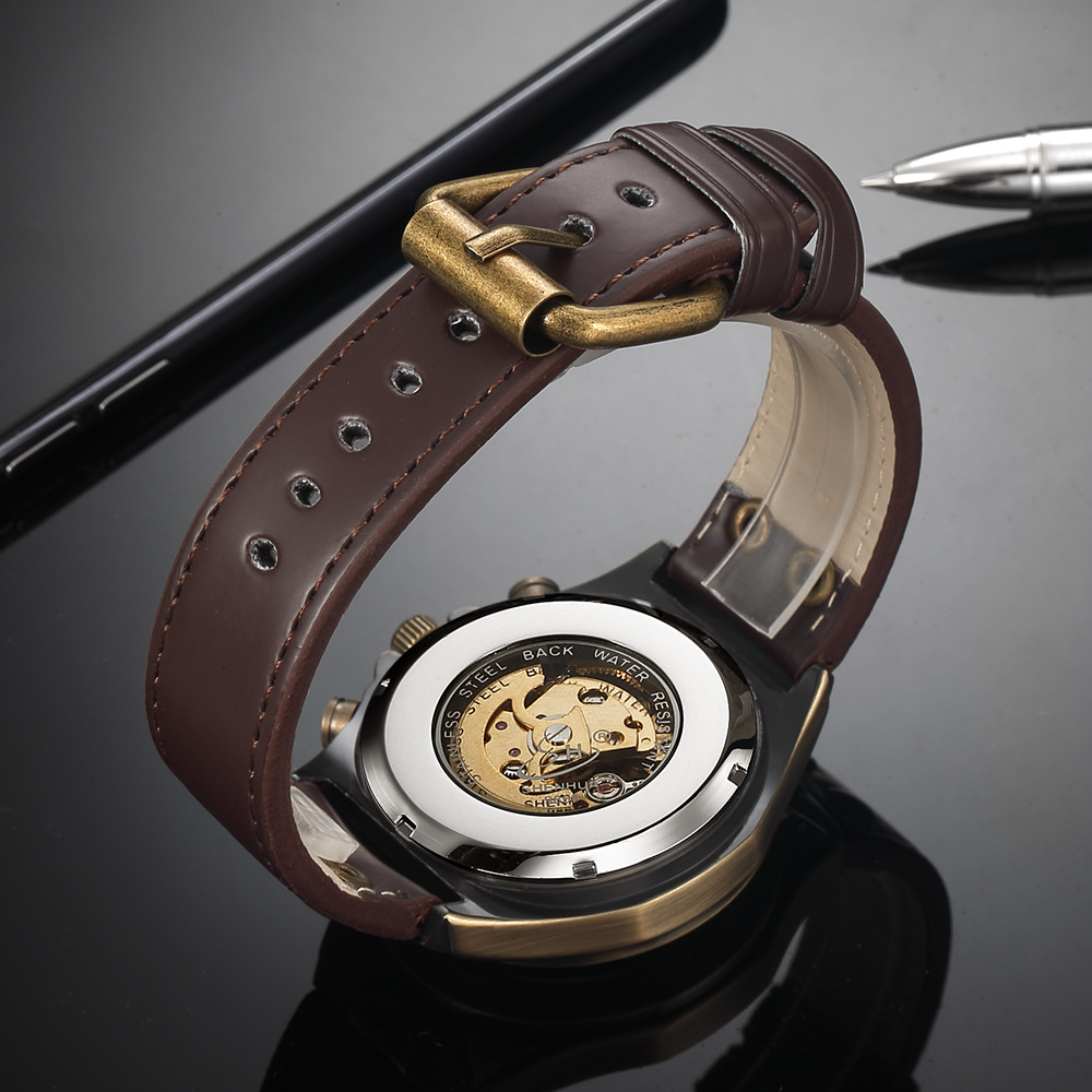 72g Weight Tempered Glass Mirror Material Genuine Leather, Steel Belt Strap Material Watch Classification Pointer Display Type Butterfly Double Snap, Buckle Buckle Style Round Dial Shape Casual, Daily Occasion Mechanical Movement Color Block Pattern All Seasons Season Men's Gender Retro Style Retro Color Block Butterfly Double Snap Buckle Mechanical Watch Men's Watches 8
