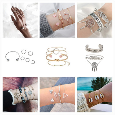 B0920欧美新款饰品个性大理石蜂窝几何造型手镯套装打结手链4件套