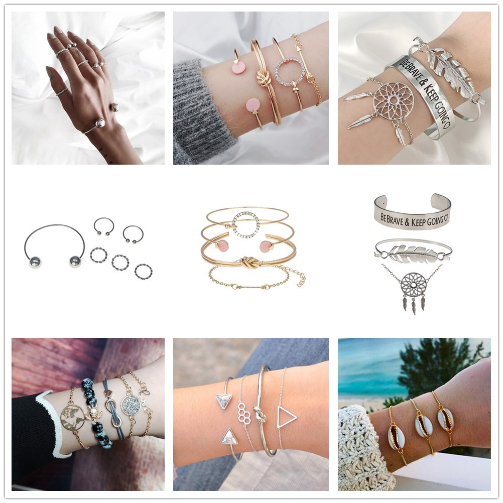 B0920欧美新款饰品个性大理石蜂窝几何造型手镯套装打结手链4件套