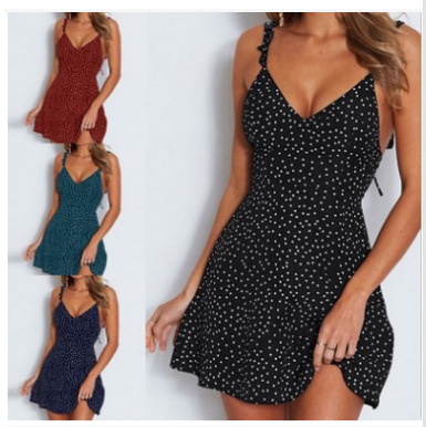 2019亚马逊eBay速卖通 欧美爆款女装波点后背系带时尚个性连衣裙