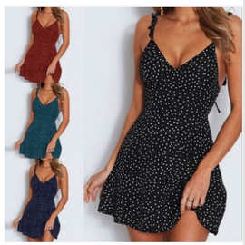 2019亚马逊eBay速卖通 欧美爆款女装波点后背系带时尚个性连衣裙