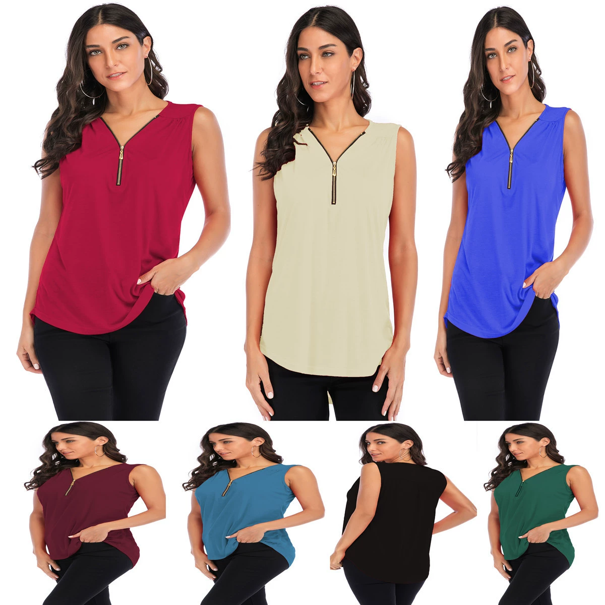 2023 желание Весна и Лето Европейская и американская плиссированная футболка без рукавов на молнии Женская Amazon 10 цвет 5 размер