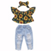 Flying sleeve woven printed sunflower fleece denim perforated pants headband three piece set