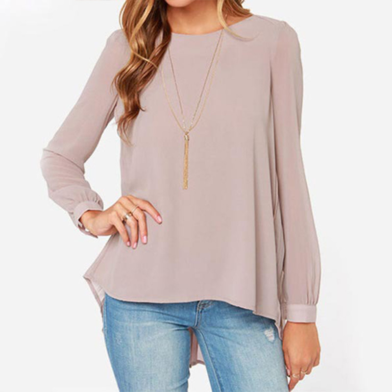 solid color round neck loose long-sleeved chiffon shirt NSYBL136988