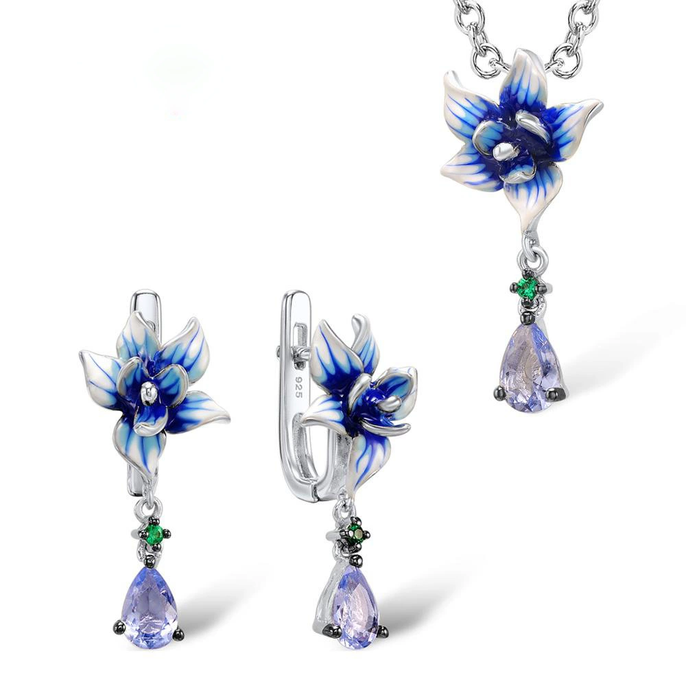 Floral pendant and earring set, zircon stones with enamel detailing, European style