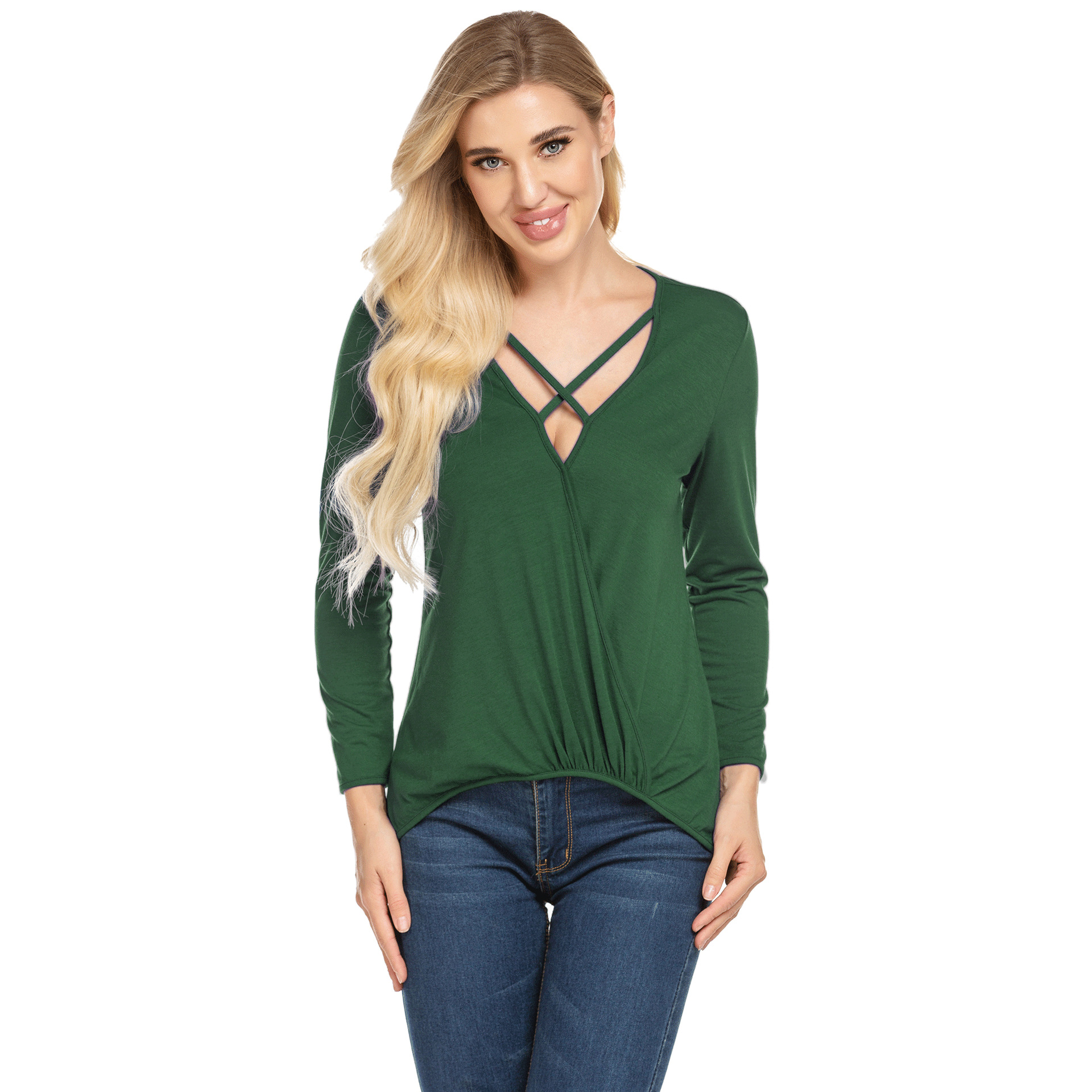 亚马逊ebay跨境女士v领针织t恤套头衫彩棉长袖纯色T恤女装上衣