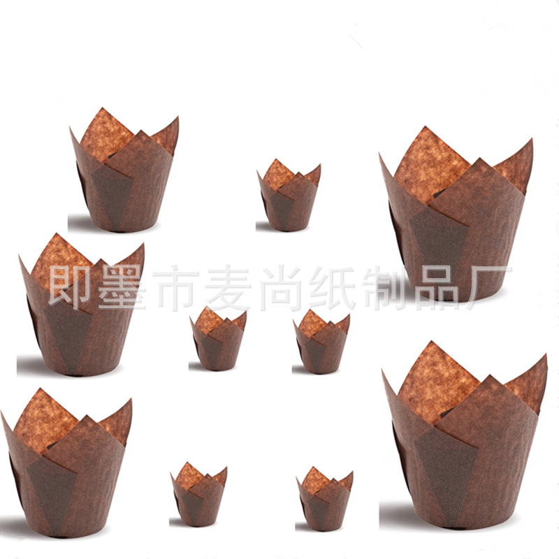 Papel europeo marrón grande, mediano y pequeño tulipán llama muffin papel para hornear pastel bandeja de papel de pan