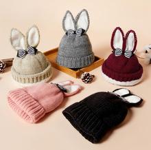 批發新款韓版蝴蝶結兔耳朵翻邊寶寶帽嬰兒針織帽加絨冬季毛線帽子