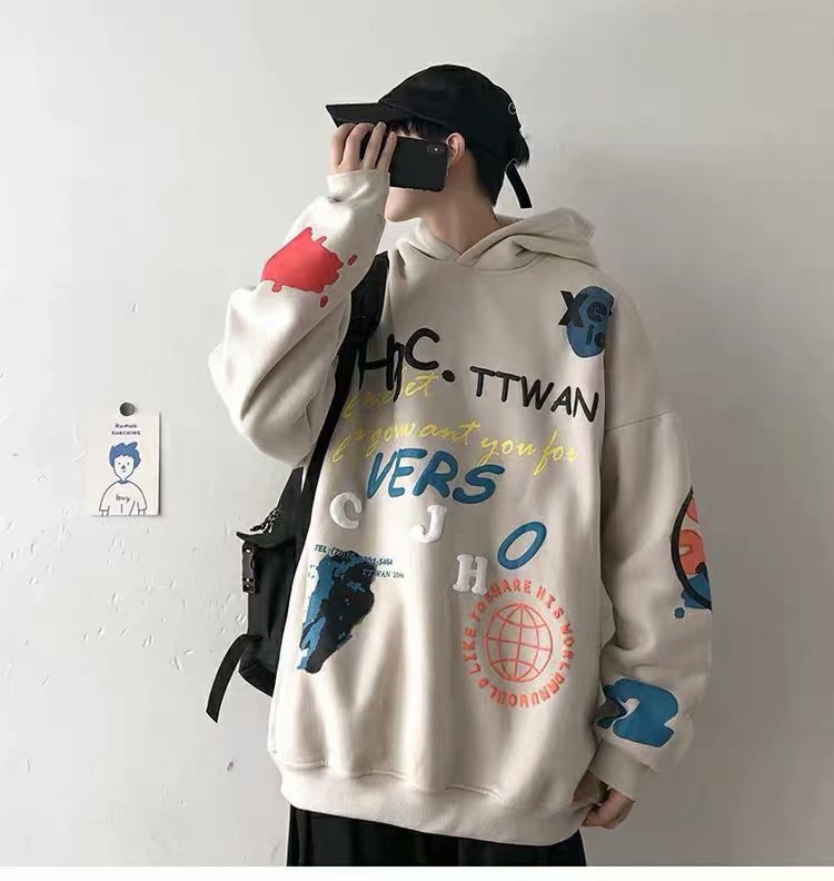 ins Sweater Autumn and winter Korean Edition Hooded Easy Plush student Trend Graffiti coat Long sleeve jacket