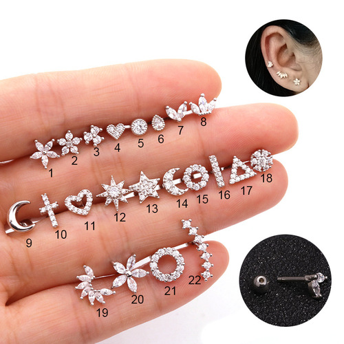 European and American-style stainless steel stud earrings—wholesale micro-inlaid zircon, screw-back design, ball-shaped closure—earrings you can wear to bed without taking them off.
