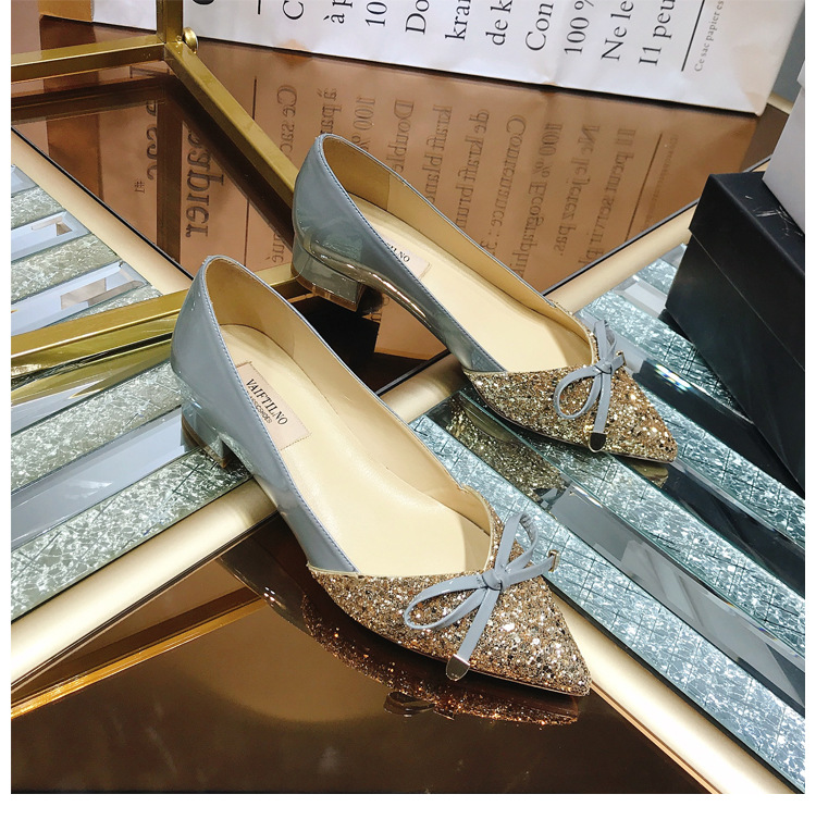 2026 Autumn New Women's Shallow Mouth Single Shoes, Pointed Toe, Color Block, Top Quality Sequin Bow, Mid-Heel, Chunky Heel_vogvips.com