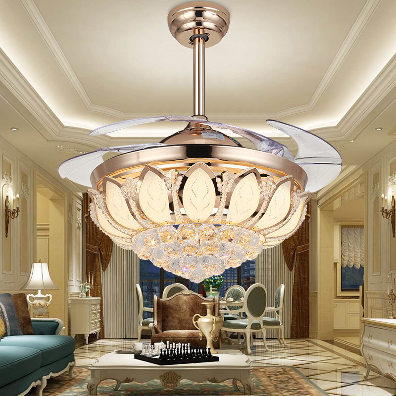 风扇灯吊扇灯水晶 客厅餐厅现代简约后现代吊灯欧式led电扇灯创意