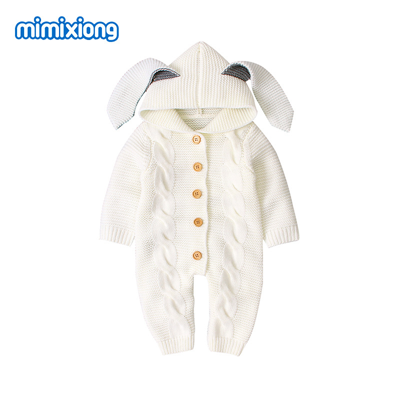 ins热卖秋季新款儿童立体兔耳朵连帽针织连体哈衣爬服