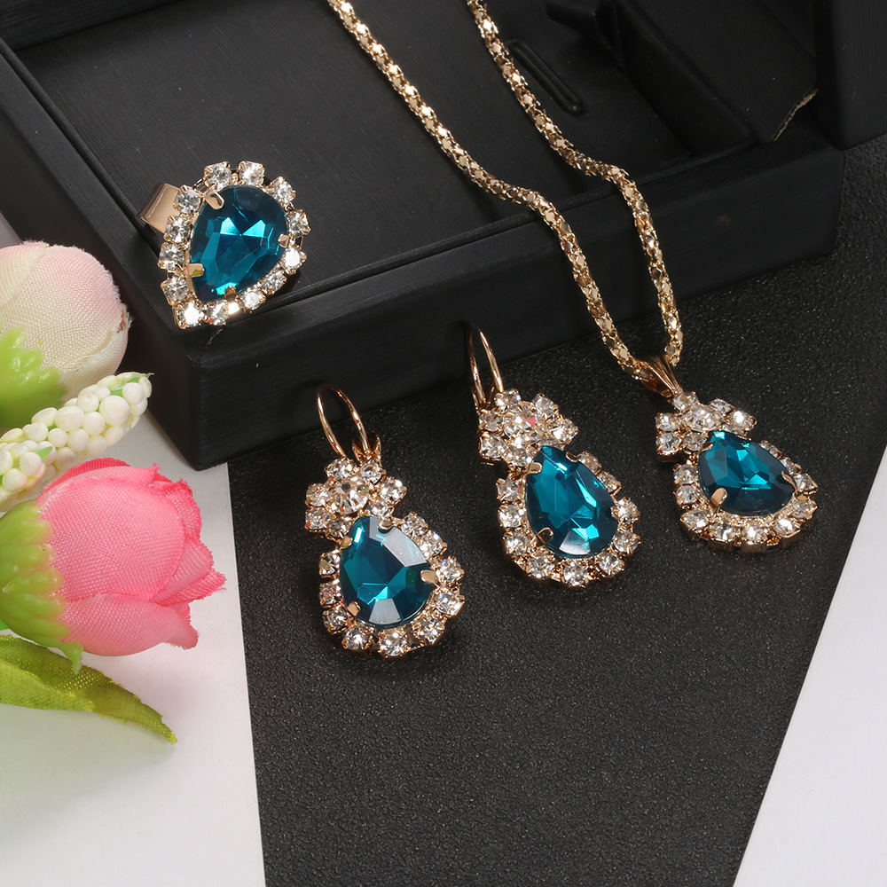 European And American Fashion Water Drop Rhinestone Necklace Earrings Ring Set display picture 18