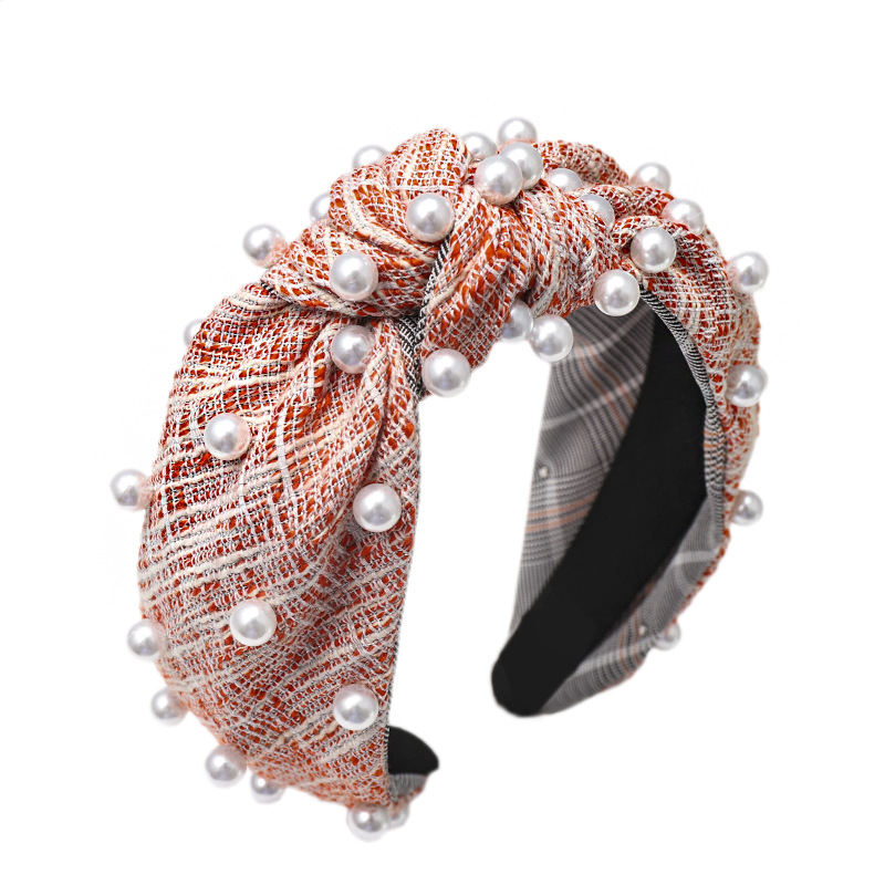 Koreanische Version Des Einfachen Und Modischen Stoffes Damen Stirnband Hahnen Tritt Woll Nagel Perlen Geknotetes Stirnband 2021 display picture 3