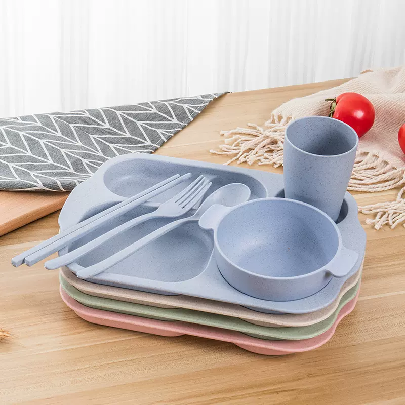 创意小麦秸秆儿童餐具套装六件套创意分格餐盘碗杯勺
