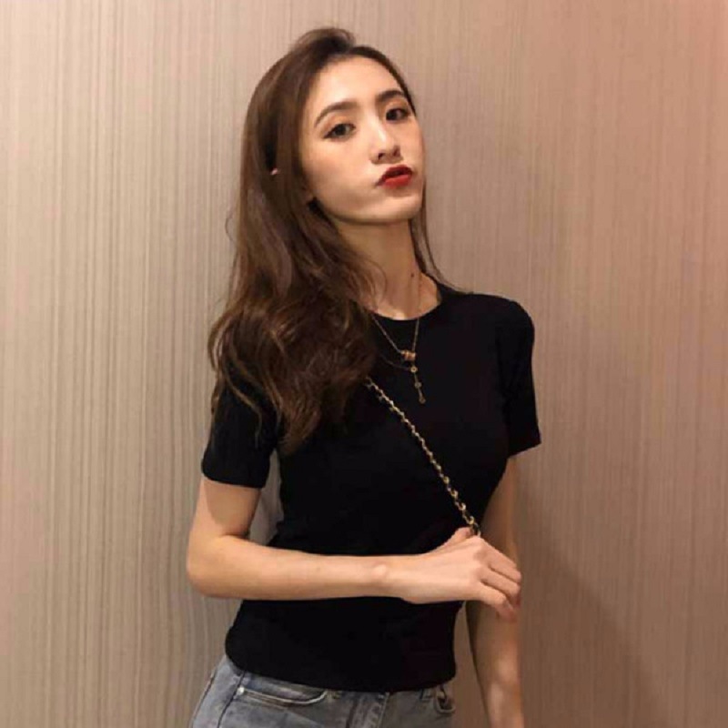 Fashionable round neck solid color short sleeved t-shirt for summer Korean women's new clothing_voghion.com