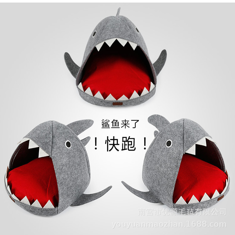 厂家直供毛毡宠物窝 创意鲨鱼保暖猫窝狗窝 宠物四季可用加印logo
