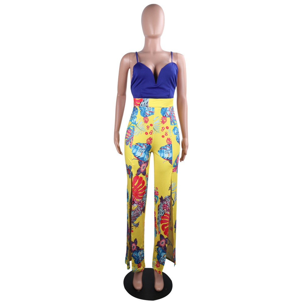 Boutique Sling Backless Slit Leaf Printed Jumpsuit