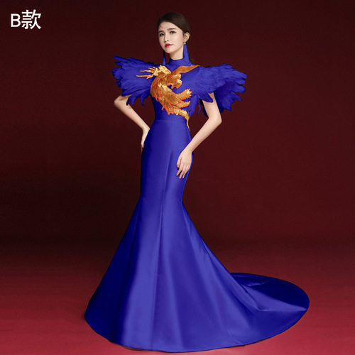 Women Chinese dresses China qipao dresses evening dress royal blue feather singers host performance dress women stage show exaggerated cheongsam