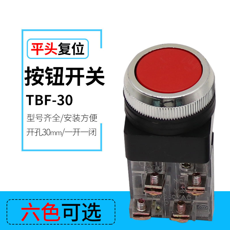 供应圆形塑料按钮开关TBF-30电源触点按压式平钮手动复位开关30mm