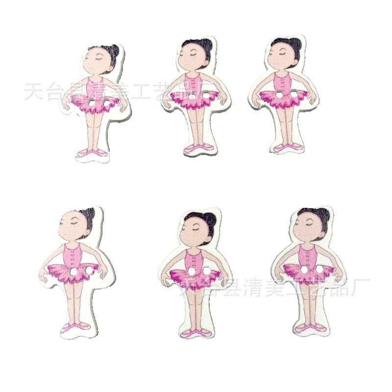 Fondo blanco pintado de dibujos animados niña de ballet de madera de dibujos animados bailarina niña botón 50 un paquete
