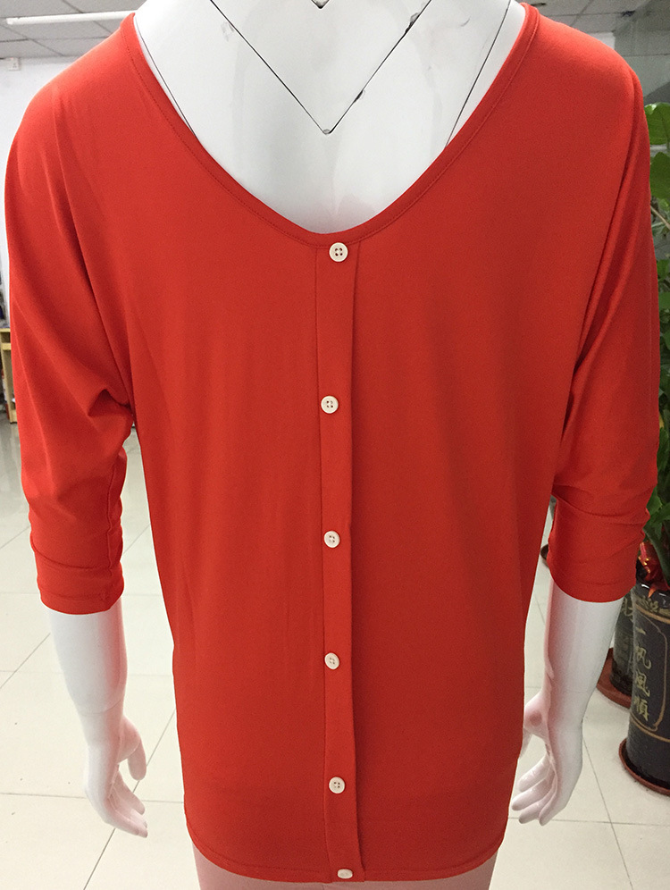 Fashion Solid Color Polyester V Neck 3/4 Length Sleeve Batwing Sleeve Button T-shirt display picture 2