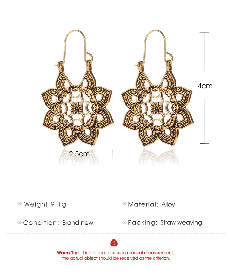 New Bohemian Metal Carved Retro Hollow Flowers Ear Buckle Earrings Wholesale display picture 1