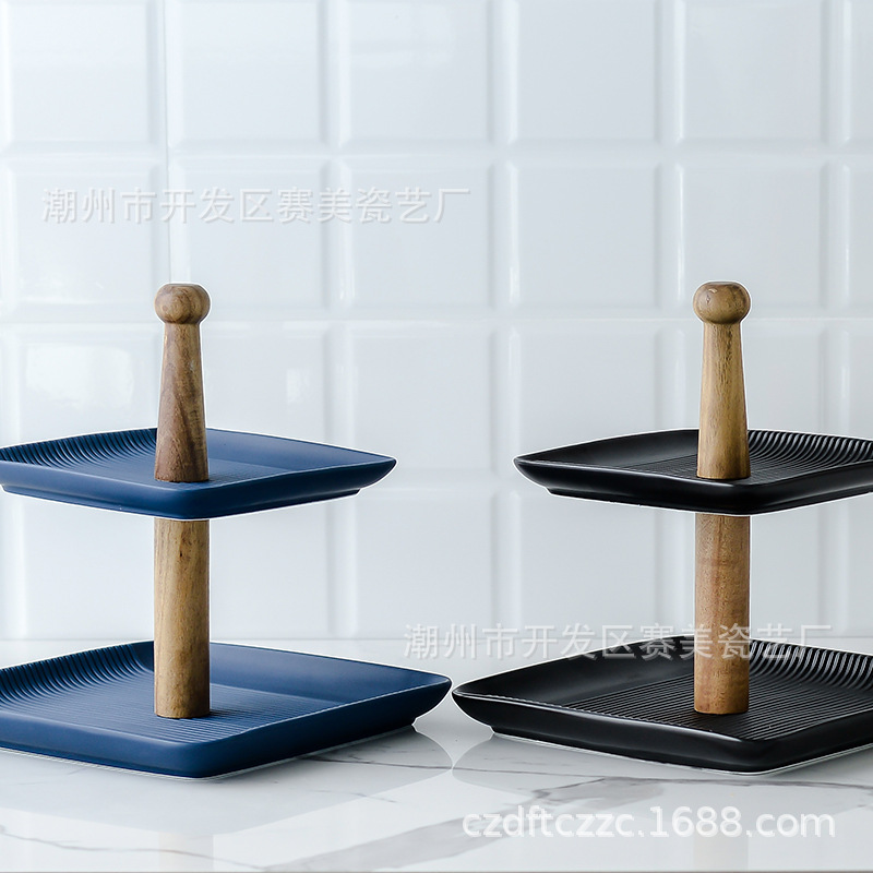 Directo de fábrica Estilo nórdico cuadrado recto de doble capa plato de fruta plato de merienda de cerámica plato de pastel de té de la tarde Placa de cadena