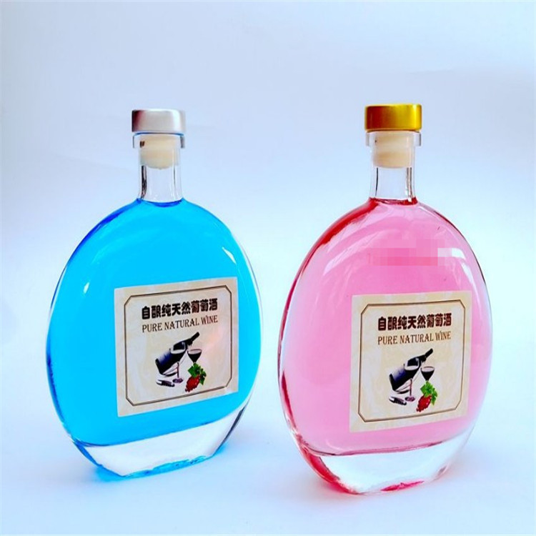 厂家现货供应250ML透明扁瓶玻璃瓶蓝莓果酒瓶饮料瓶晶白料洋酒瓶