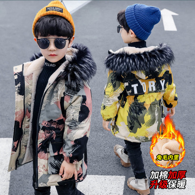 Boy Plush With cotton Overcome 2019 new pattern Winter clothes cotton-padded clothes CUHK Camouflage Mid length version cotton-padded jacket coat