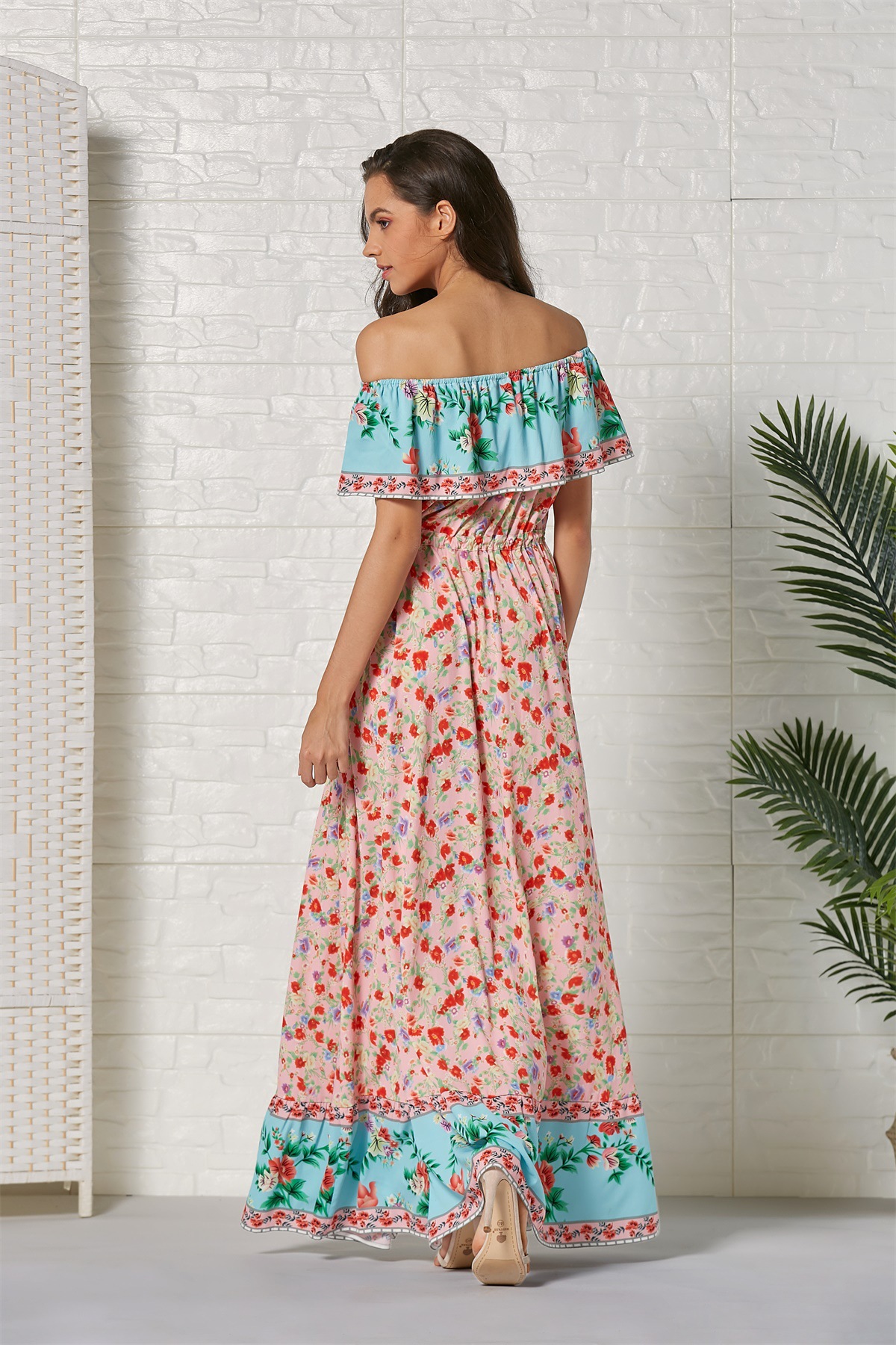 bohemian off-shoulder ruffle print long dress  NSSE53380