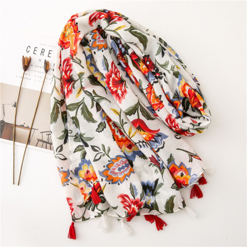 Summer travel sun protection shawl, temperament and versatile, colorful flower print, ethnic style cotton and linen scarf, silk scarf for women