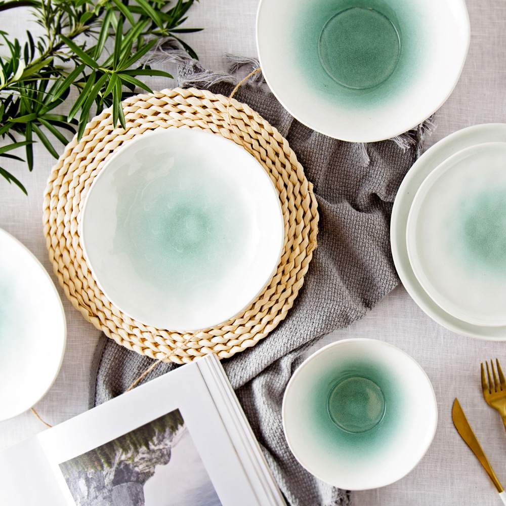 Vajilla de cerámica simple vajilla de color blanco oscuro plato de forma especial disco de doble oreja tazón de pudín restaurante utensilios para el hogar