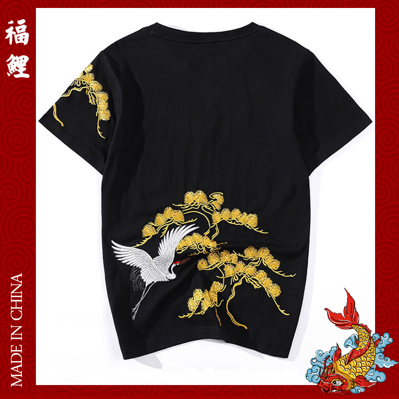 Summer Chinese-Style Embroidered Crane National Trend Pure Cotton Casual Loose Plus-Size Couple Short-Sleeve T-Shirt for Men National Trend Style