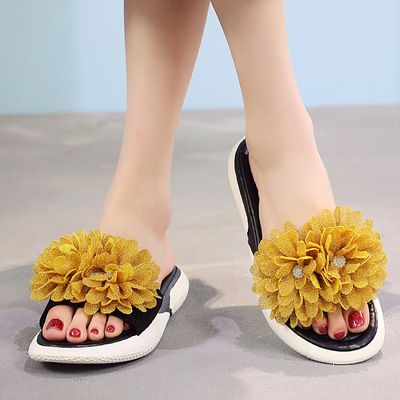 夏季新款手工花朵一字拖女士休闲凉拖鞋女防滑百搭平底沙滩鞋批发