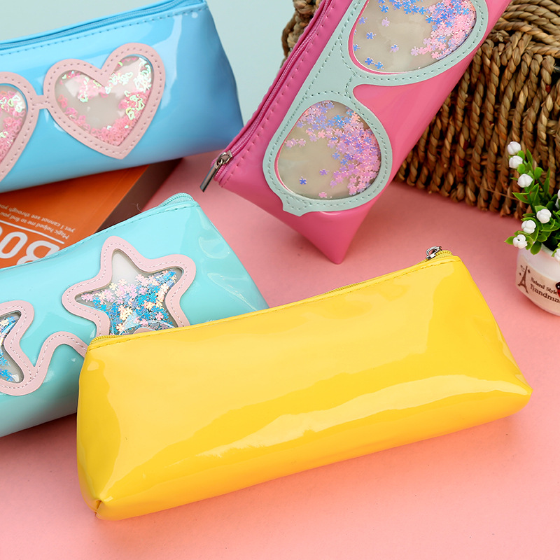 New Triangle Quicksand Sequins Pencil Case Glasses Sequin Pencil Case Student Stationery Glasses Pencil Case Factory Wholesale display picture 3