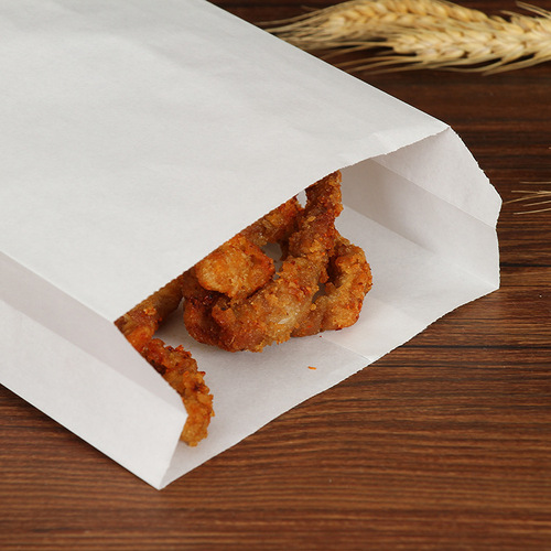 White oilproof paper bag for fried chicken wings and chicken cutlets takeout food packing bag blank accordion bag pointed bottom packaging paper bag