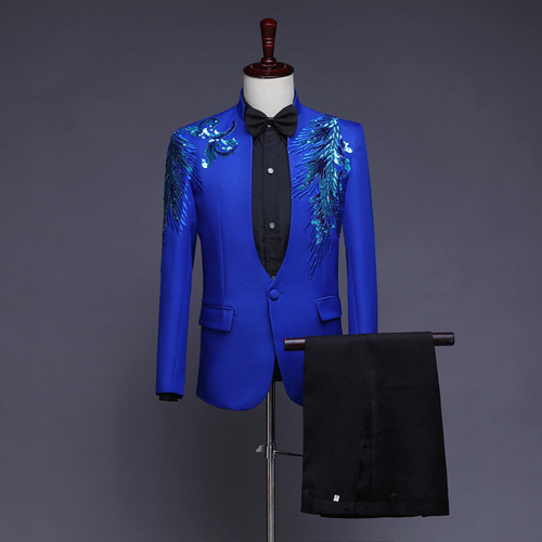 men's jazz dance suit blazers Studio men performance suit stand collar stage Western Diamond feather flower singer purple performance suit